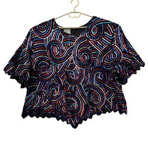 Vtg Carina By Barry Lee Sequin Top Womens Black Red Blue Scalloped Hem Size 5X
